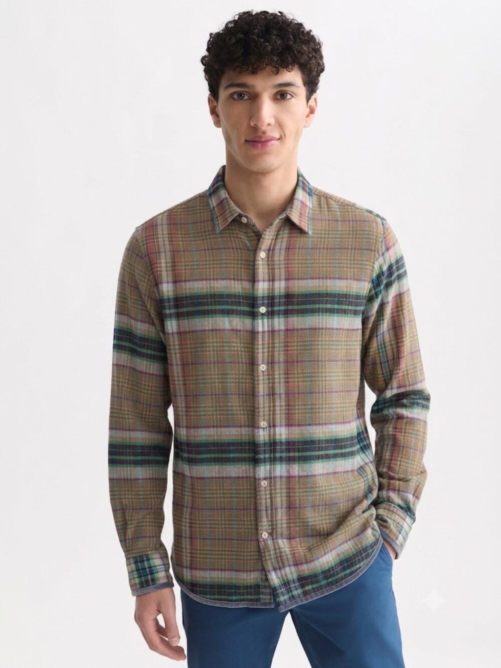 Scotch & Soda Men's Multicolor Plaid Linen Blend Shirt Medium